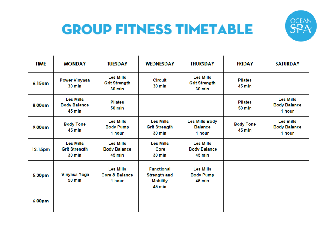 2024 07 22 Group Fitness Timetable